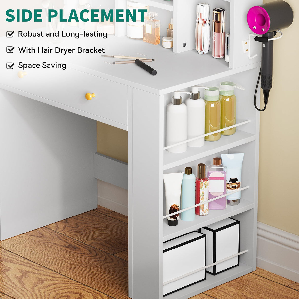 YITAHOME Makeup Vanity Desk with LED Mirror, Jewelry Storage, Hair Dryer Holder, and Open Shelves, Compact Vanity Desk for Small Rooms YITAHOME