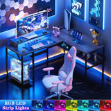 Unikito Reversible L Shaped Desk with Power Outlets and RGB LED Light, Sturdy Computer Desk with Ergonomic Monitor Stand and Storage Shelves, Corner Desk for Home Office, Easy Assembly, Black Oak Unikito