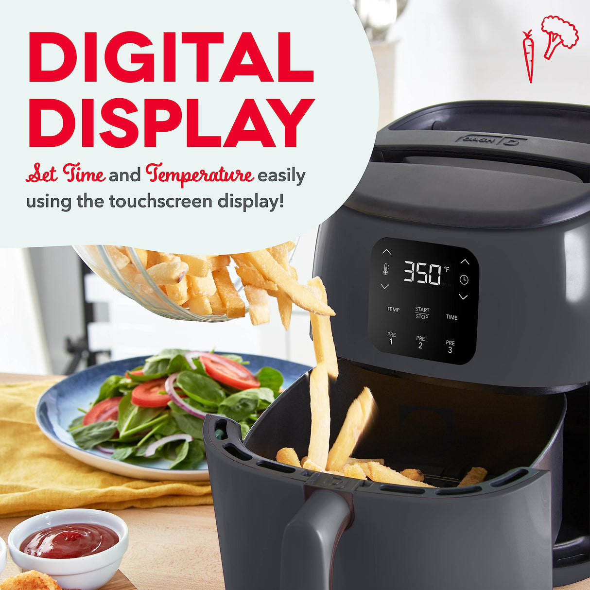 DASH Tasti-Crisp™ Electric Air Fryer Oven, 2.6 Qt., Grey – Compact Air Fryer for Healthier Food in Minutes, Ideal for Small Spaces - Auto Shut Off, Digital, 1000-Watt DASH