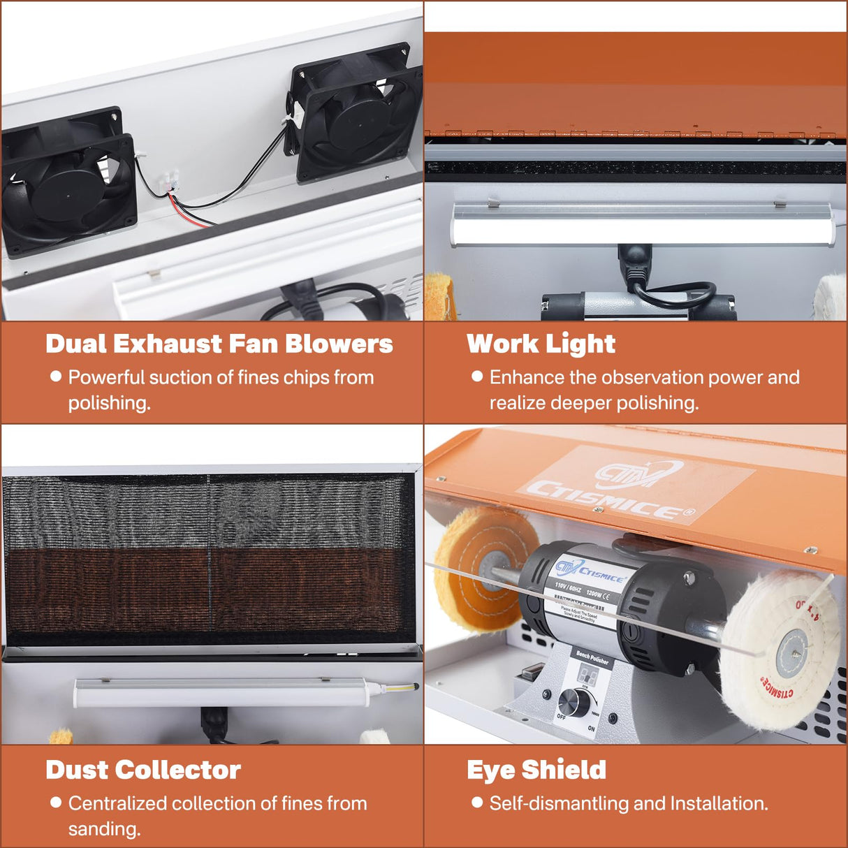 CTISMICE 1200W Jewelry Polisher with Display Screen, Variable Speed Bench Polishing Buffing Machine with Dual Exhaust Fan Blower, Dust Collector, Work Light and Eye Shield for Jewelry, Metal, Wood CTISMICE