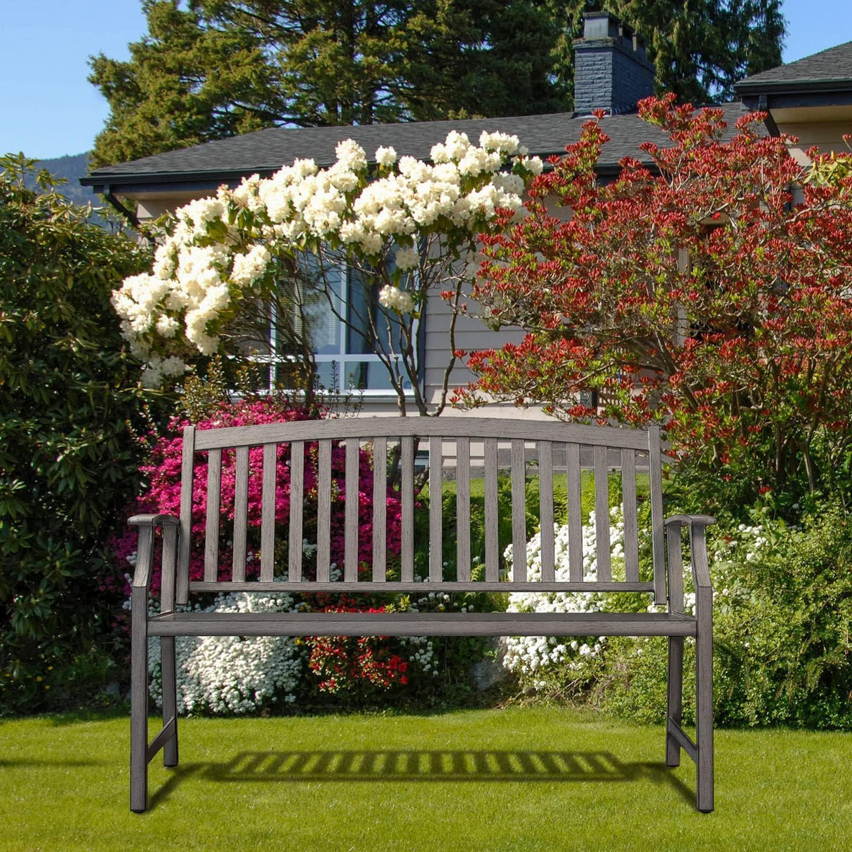 Grand patio 52" Farmhouse Outdoor Bench, Garden Benches with Rust Free Metal Powder Coated Frame and Aluminum Backrest, Faux Wood Grain Finish Frame Patio Bench for Front Porch, Weathered Grey Grand patio