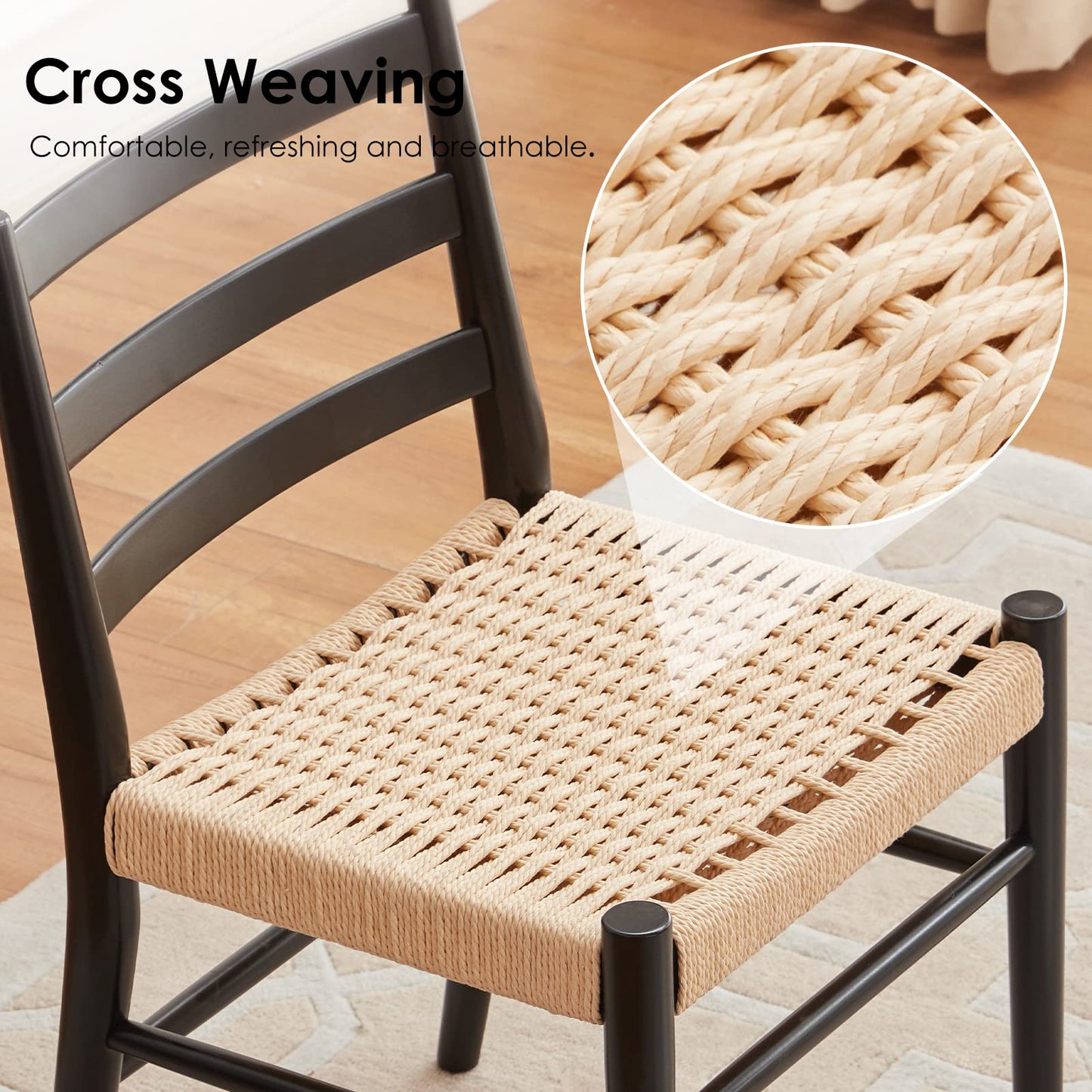 STARY Wood Rattan Dining Room Chairs Comfortable Woven Seat, Fully Assembled, New Black - Set of 2 - WoodArtSupply