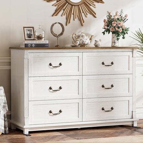 Amada Farmhouse 6 Drawers Dresser for Bedroom, 47" Wide Wood Rustic Chest of Drawers with Roman Column Design, Vintage Design, Large Storage Organizer for Bedroom, Living Room, Antique White and Brown AMADA HOMEFURNISHING