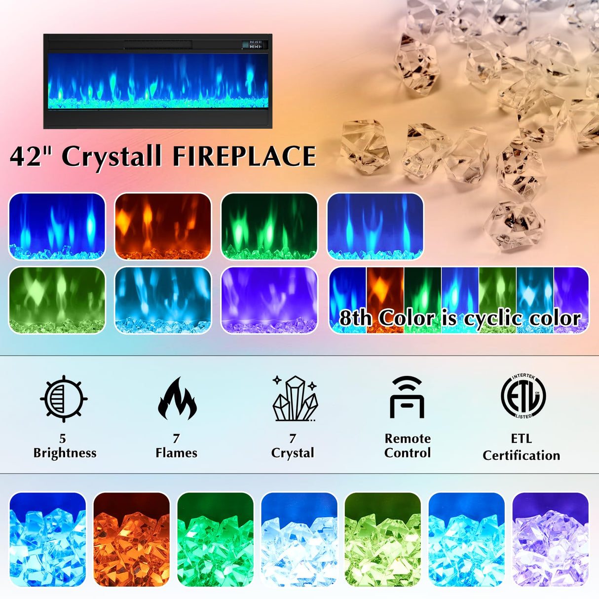 LUXOAK 70'' Large Fireplace TV Stand with 42" Fireplace, Farmhouse Entertainment Center with LED Lights for TVs up to 80'', Highboy TV Console Table with Glass Door for Living Room, Barnwood+White LUXOAK