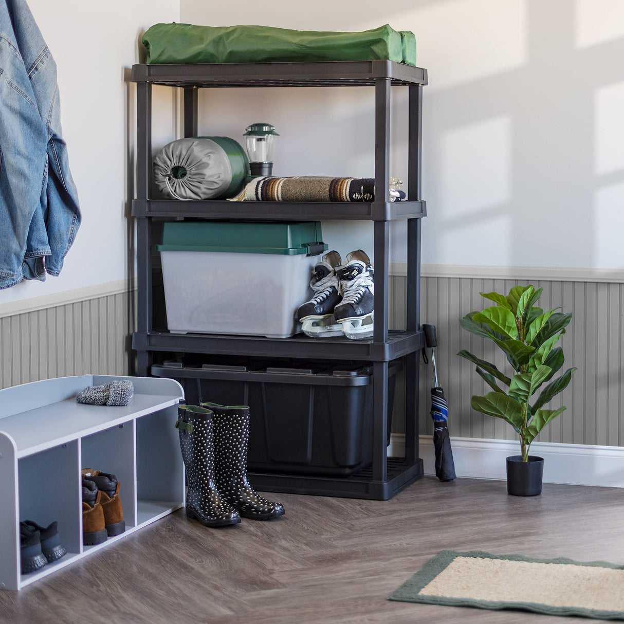 IRIS USA 4-Tier Heavy Duty Plastic Shelving Unit, 56" Tall - 100lbs per Shelf, Modular Garage Rack Storage Organizer for Home, Basement, Laundry & Utility Room, 18"D x 36"W x 56"H - Black IRIS