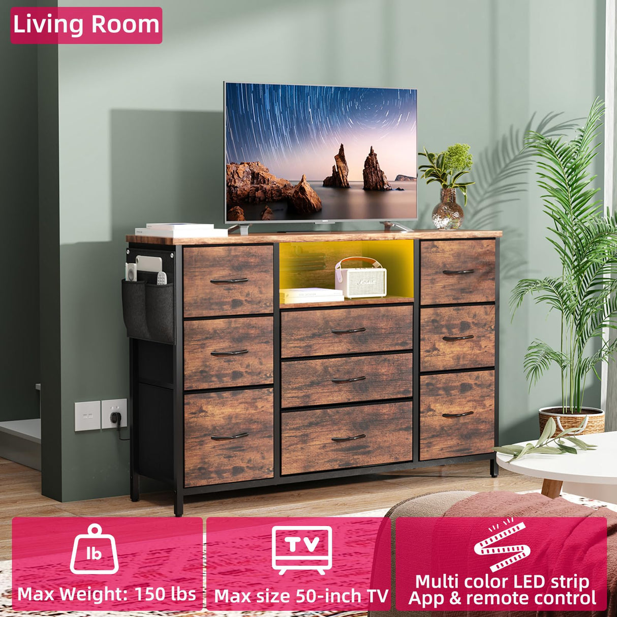 Yenlure Rustic Brown Dresser for Bedroom Dresser with Charging Station and LED Lights, Western Dresser TV Stand with Drawers, Chest of Drawers for Bedroom, Dorm, Closet, Living Room Yenlure