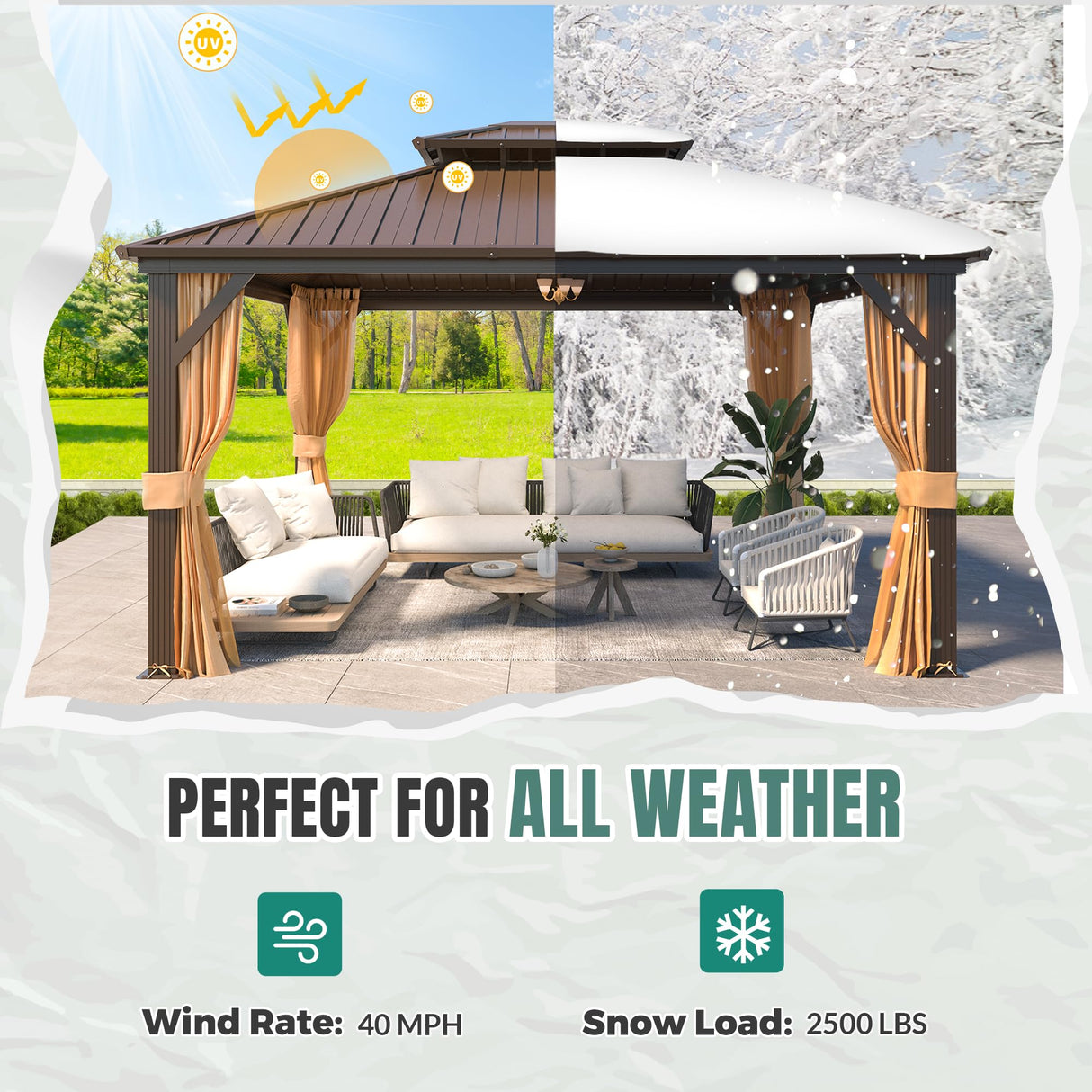 MELLCOM Hardtop Gazebo 10x12, Heavy Duty Galvanized Steel Double Roof with Stylish Vertical Stripes, Nettings and Curtains Included MELLCOM