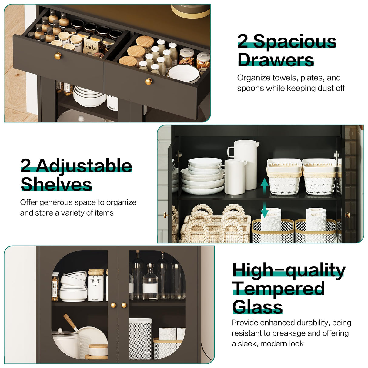 71" Black Kitchen Pantry Storage Cabinet with Lights and Charging Station, Tall Hutch Cabinet with Storage and Microwave Shelf for Dining Room spanspace