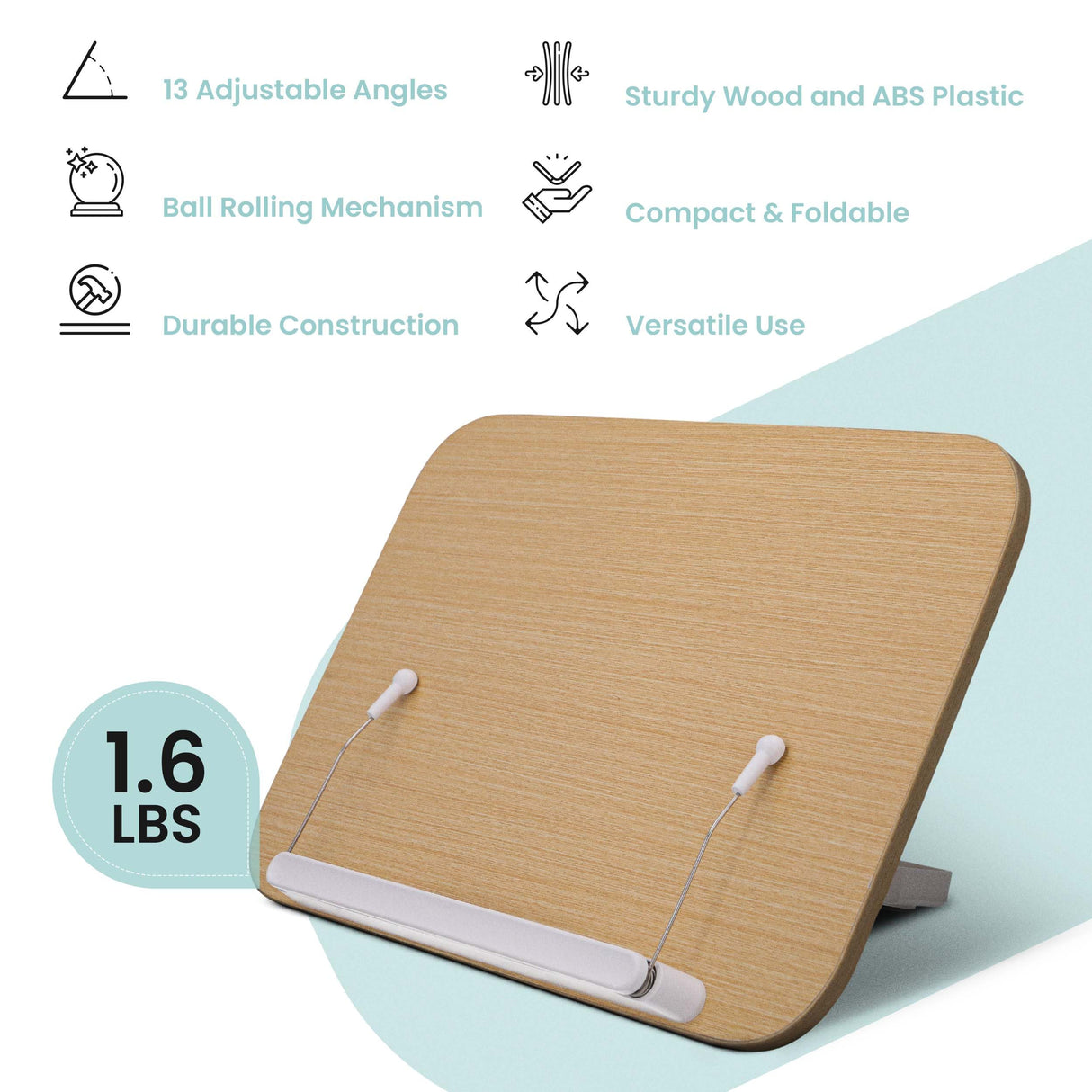 CataKenTika Wood Book Stand - Book Holder for Reading Hands Free, Foldable, Adjustable Book Display Stand, Cookbook Stand Portable, Lightweight Page Holder for Book Lovers, Cooks, Students 13.4"x9.4" CataKenTika
