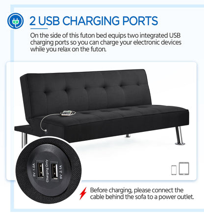 Yaheetech Modern Convertible Futon Sofa Bed w/ 2 Integrated USB Charging Ports Fabric Loveseat Couch Metal Legs, 3 Angles Adjustable Back for Compact Living Space, Apartment, Dorm, Bonus Room - WoodArtSupply