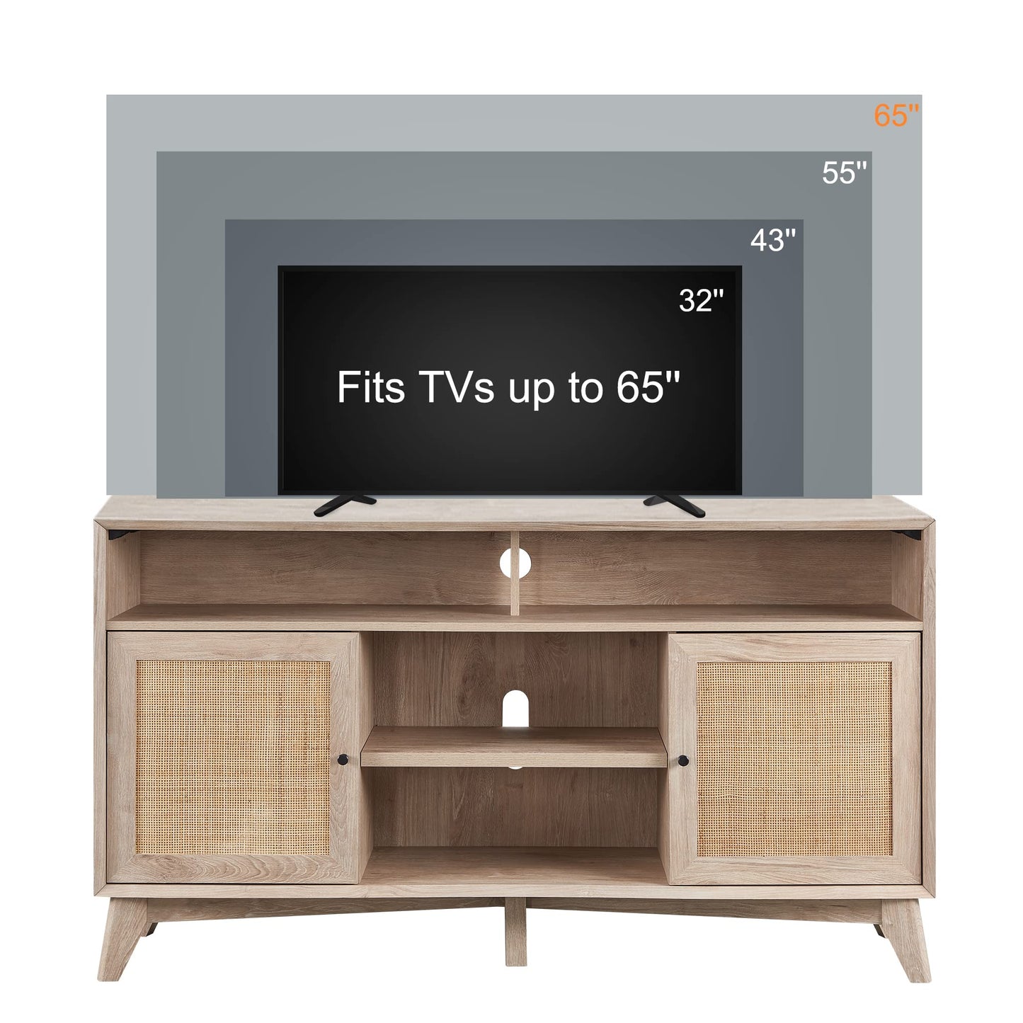 OKD TV Stand for 65+ Inch TV, 32'' Tall Highboy Entertainment Center, Mid Century Modern Media TV Console with Natural Rattan Door, Adjustable Shelves, Boho Television Stand, Oak - WoodArtSupply