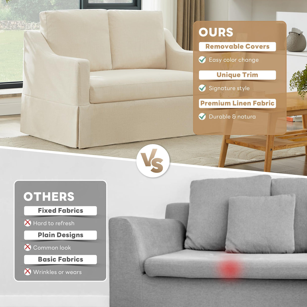 Tbfit 51" Loveseat Couch, Slipcovered Sofa, Small Sofas with Removable Cover, Pocket Spring Cushion, Mini Couches, Living Room Furniture for Home, Apartment, Farmhouse, Beige Tbfit