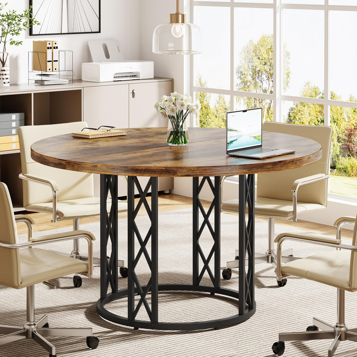 Tribesigns 47" Round Conference Table, Round Business Meeting Table with Metal Base, Small Seminar Table Reception Negotiation for Office Meeting Conference Room Tribesigns