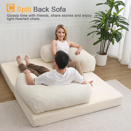 COMAX Folding Sofa Bed Queen, 4-in-1 Foldable Floor Couch Convertible Futon Sofa with Armrests Sleeper Mattress Chair Bed Comfy Portable Fold Out Lounge Guest for Living Room Bedroom, Beige COMAX