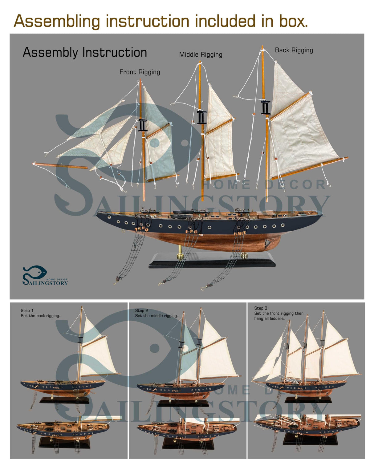 SAILINGSTORY Wooden Sailboat Model Ship Sailboat Decor 24" Schooner Atlantic 1:60 Scale Replica Blue and Walnut Antique Finish HOME DECOR SAILINGSTORY