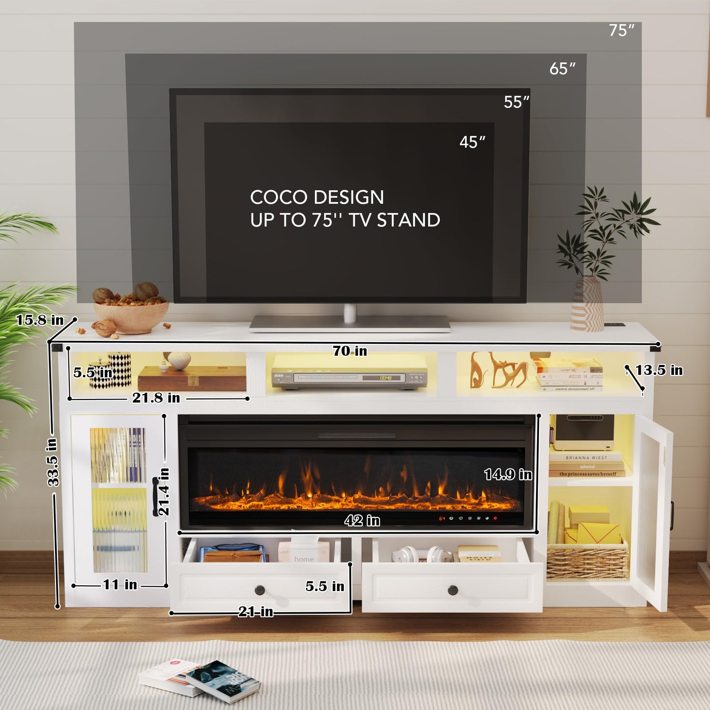 COCO DESIGN Fireplace TV Stand with 42" Fireplace, Electric Fireplace TV Console for TVs up to 75", LED Lights Glass Door Entertainment Center with Remote Control, White