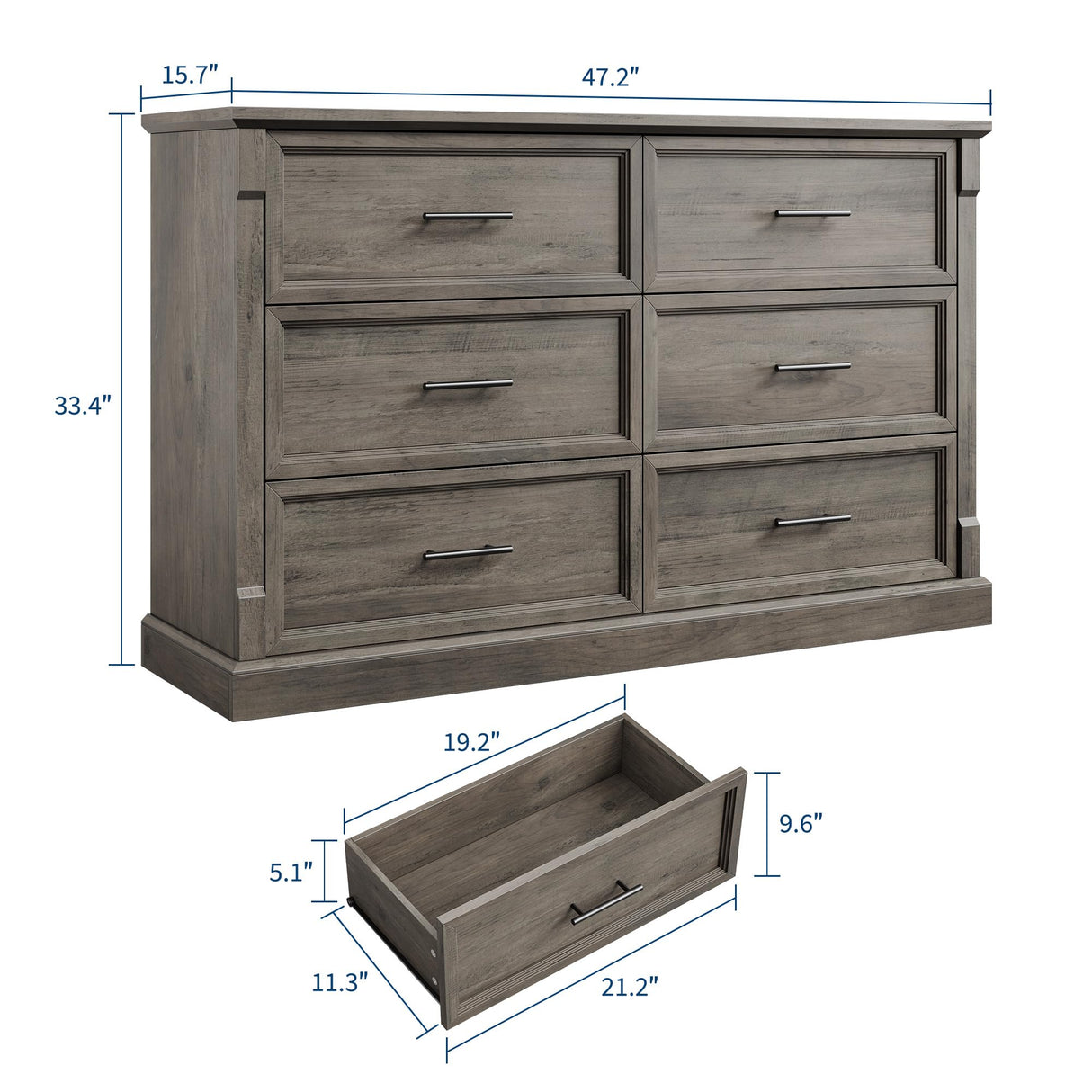 IDEALHOUSE Grey 6 Drawer Dresser for Bedroom, Farmhouse Large Double Chest of Drawers with Metal Handles, Rustic Wooden Dresser for Living Room, Hallway IDEALHOUSE