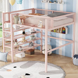 Bellemave Full Size Loft Bed with 4-Tier Shelves and Storage, Metal Loft Bed with Bookshelf, Full Size Loft Bed with Storage Stairs(with Bookshelf, Pink) Bellemave