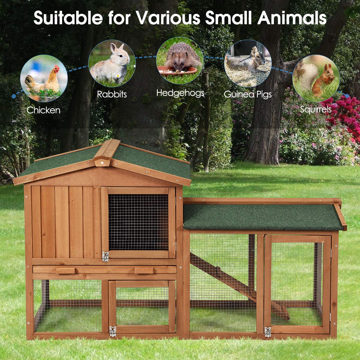 Tangkula Rabbit Hutch Indoor and Outdoor, 58-Inch Bunny Cage with Removable Tray & Ramp, Wood Chicken Coop with Waterproof Roof for Rabbits, Chicken and Guinea Pigs