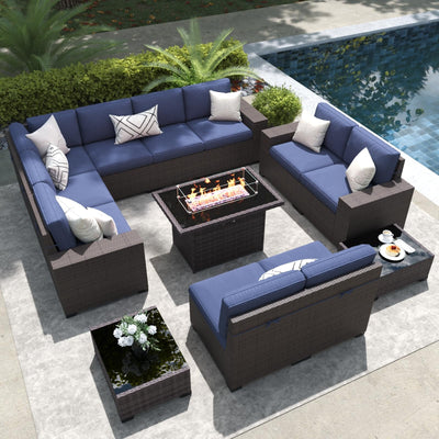 LayinSun 13 Pieces Outdoor Patio Furniture Set with 44" Fire Pit Table Brown Rattan Sectional Sofa Conversation Sets