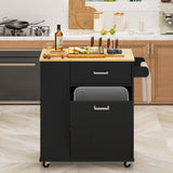 Kitchen Island with Trash Can Storage, Rolling Kitchen Island on Wheels, Tilt Out Trash Cabinet, Bamboo Tabletop, Towel Rack, Knife/Spice Rack, and Drawers, Black Glavbiku