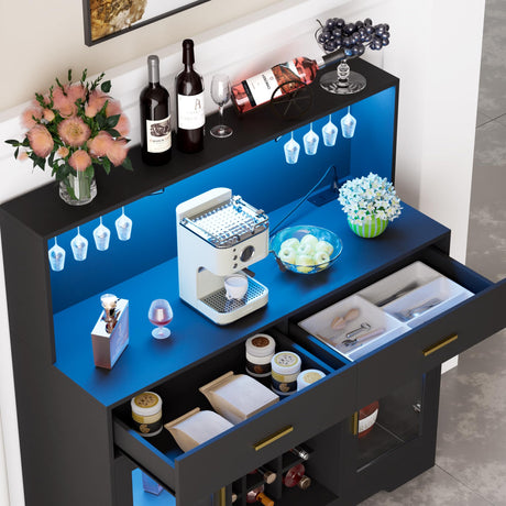 Wine Bar Cabinet with LED Light, Kitchen Coffee Bar Cabinet with Power Outlet, Home Liquor Cabinets with Glass Holder and Wine Racks, Modern Buffet Sideboard with Storage for Living Room, Kitchen SAHISTCT