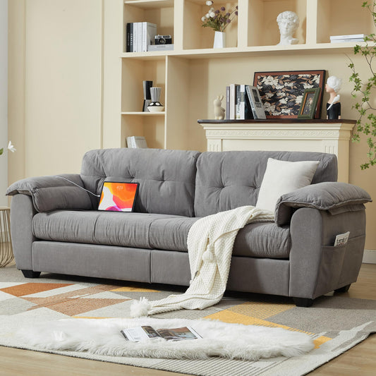 TYBOATLE Sofa Couches for Living Room, Mid-Century Modern Comfy Tufted Upholstered 87" W Loveseat w/ 2 USB Charger & Side Pocket, 2/3 Seater Cloud Couch Sofas for Apartment Bedroom Office (Dark Grey)