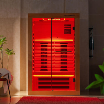 WOODBRIDGE Infrared Home Sauna Room 2 Person Hemlock Wooden Indoor Sauna,7 Carbon 1980W/120V Heaters,with Led Color Therapy Light,Bluetooth Speaker,Tempered Glass,Touch-Tone Keypad and A Top Vent