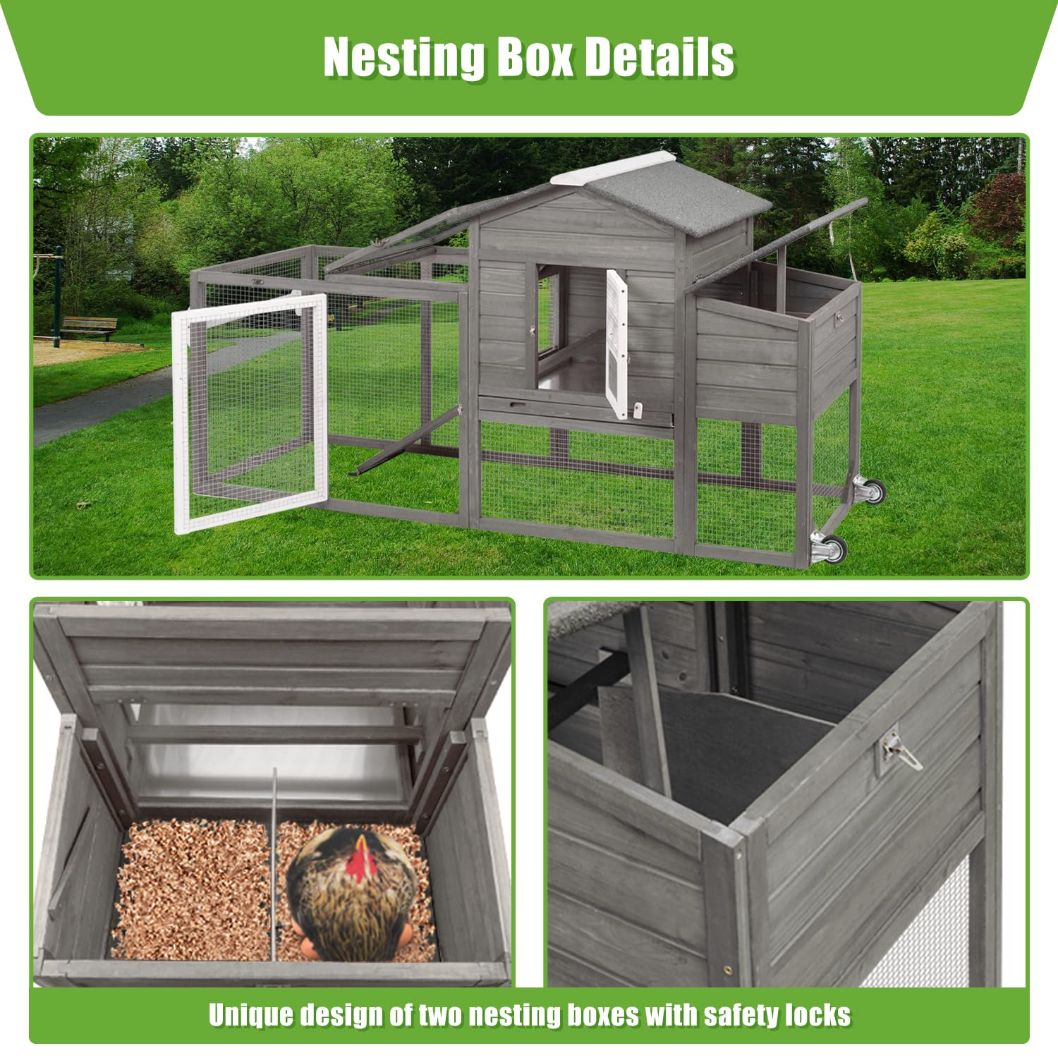 Ketive Wooden Chicken Coop Cage Outdoor Indoor Hen House with Nesting Box, Waterproof Roof, Removable Tray for Poultry Pets Enclosure Garden Backyard (Grey) - WoodArtSupply