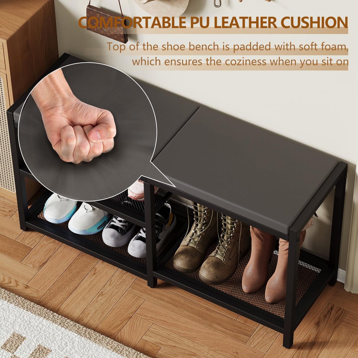 ZHOOGE Shoe Bench & Rack Storage Bench - Entryway Bench with Seat Cushion, Stable Organizer for Entryway & Living Room, Holds Up to 300 lb, (35" L x 12" W x 17" H, Black) ZHOOGE