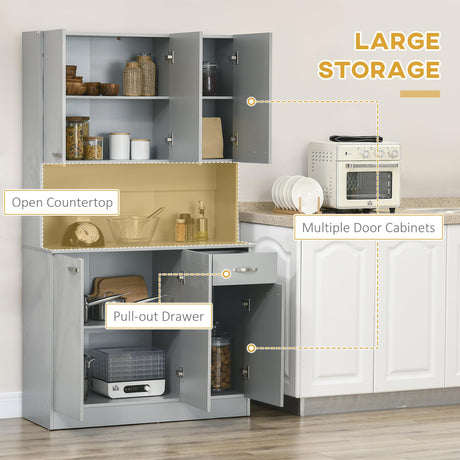 HOMCOM 71" Freestanding Buffet with Hutch, Kitchen Storage Cabinets, Pantry with 6 Doors, 3 Adjustable Shelves, and Drawer for Living Room, Gray HOMCOM