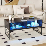 Tangkula LED Coffee Table, High Glossy Center Table with 4 Storage Cubes, Faux Marble & Tempered Glass Top, Adjustable Light Colors, Remote Control, Modern Cocktail Table for Living Room (Black) Tangkula
