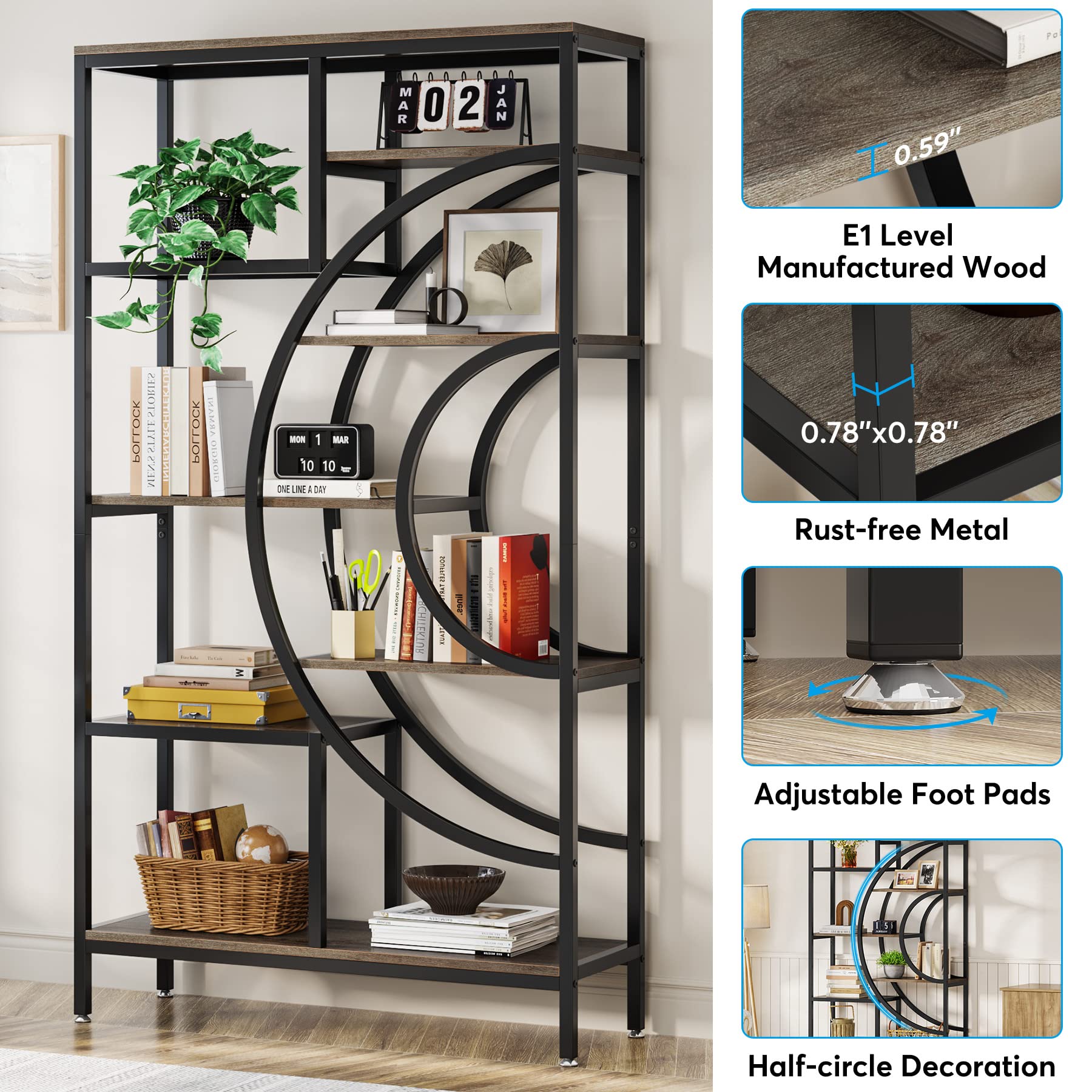 Tribesigns 71-Inch Geometric Industrial Bookcase with 8 Tiers and Metal Frame for Elegant Open Storage - WoodArtSupply