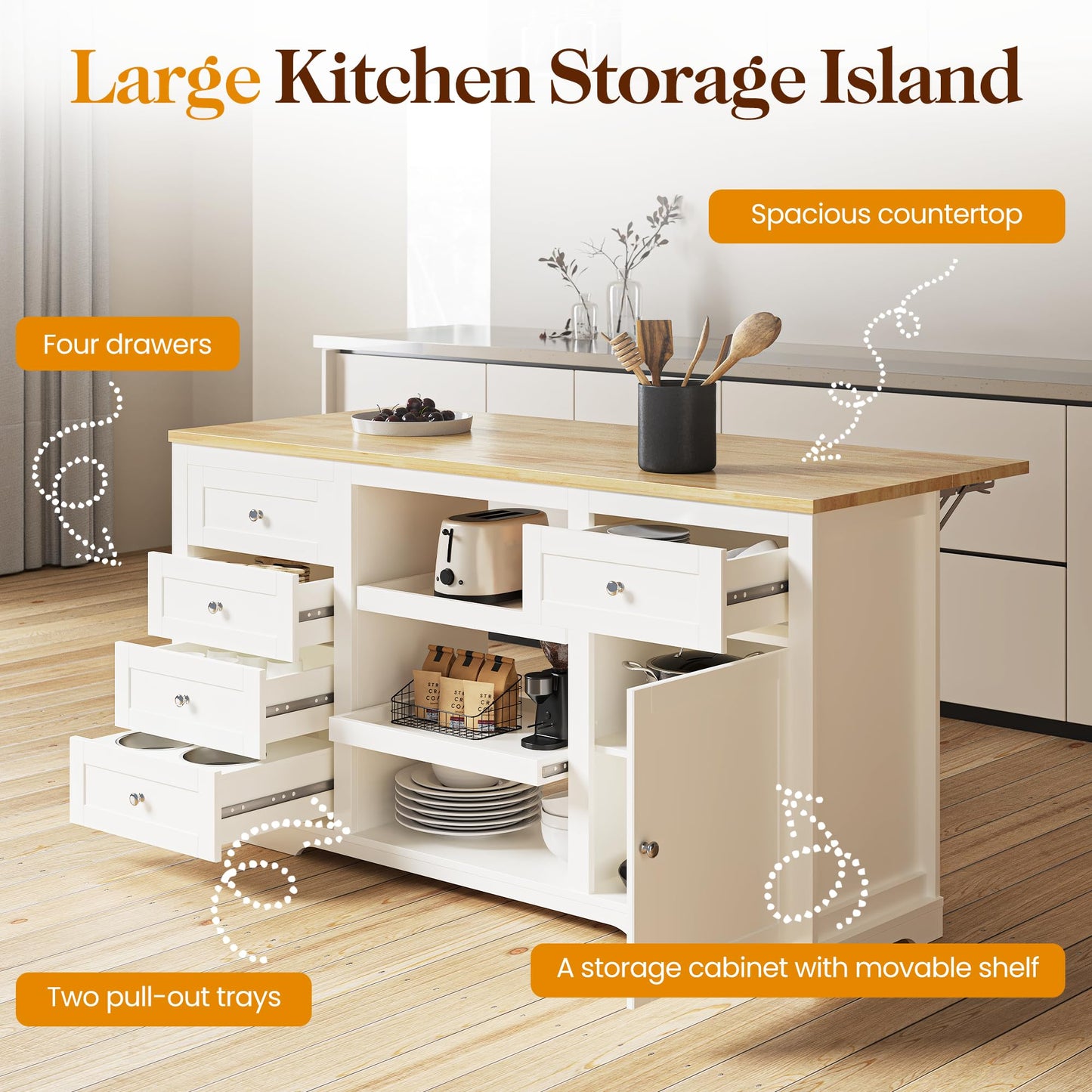 May in Color Kitchen Island with Storage and Drop Leaf, Island Table for Kitchen, Coffee Station Cabinet with Rubber Wood Top, Pull-Out Trays, Drawers, Adjustable Shelf, Power Outlet (White) - WoodArtSupply