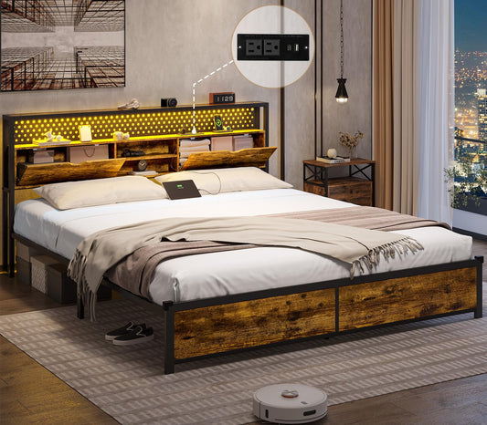 ADORNEVE Vintage Brown Queen Bed Frame with LED Lights, Charging Station, and Storage Headboard - WoodArtSupply