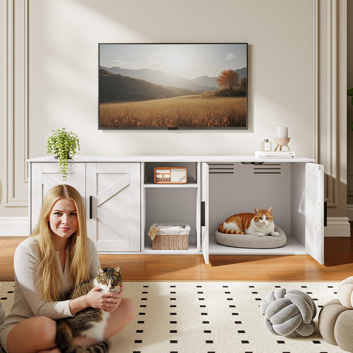 HOOBRO 58.3" Cat Litter Box Enclosure, Litter Box Furniture for 2 Cats, Cat House with Corridor, TV Stand with Storage, Double Litter Box Cabinet with Hooks, Wooden Cat Furniture, White WT15MW01 HOOBRO