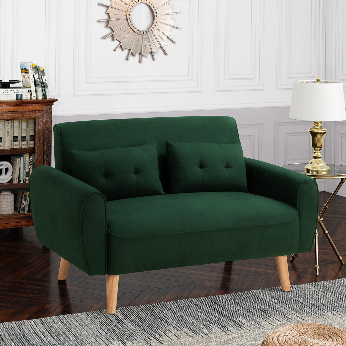 Shintenchi Small Modern Loveseat Couch Sofa, Mid Century Fabric Upholstered 2-Seat Sofa Couch Love Seats Furniture for Small Space,Living Room,Studio,Apartment with 2 Pillows,Green Shintenchi