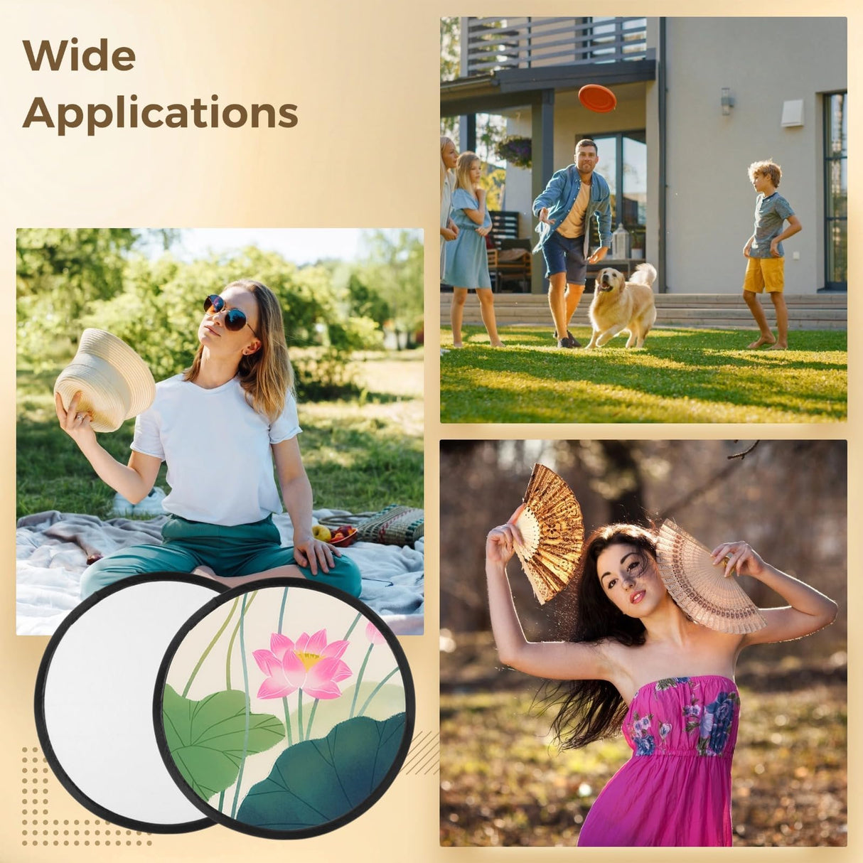 50 PCS White Foldable Flying Disc Fans, DIY Fabric Fans with Pouches, Sublimation Blank DIY Folding Fan Set, 9.6 Inches DIY Handheld Round Fabric Fan for Summer Days, Parties, Outdoor Activities TIMCORR