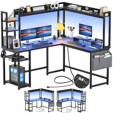 Aheaplus L Shaped Desk with Power Outlet, L Shaped Gaming Desk with Led Light & Hutch, Reversible Home Office Desk, Corner Computer Desk Writing Desk with Monitor Stand & Storage Shelves, Black Aheaplus
