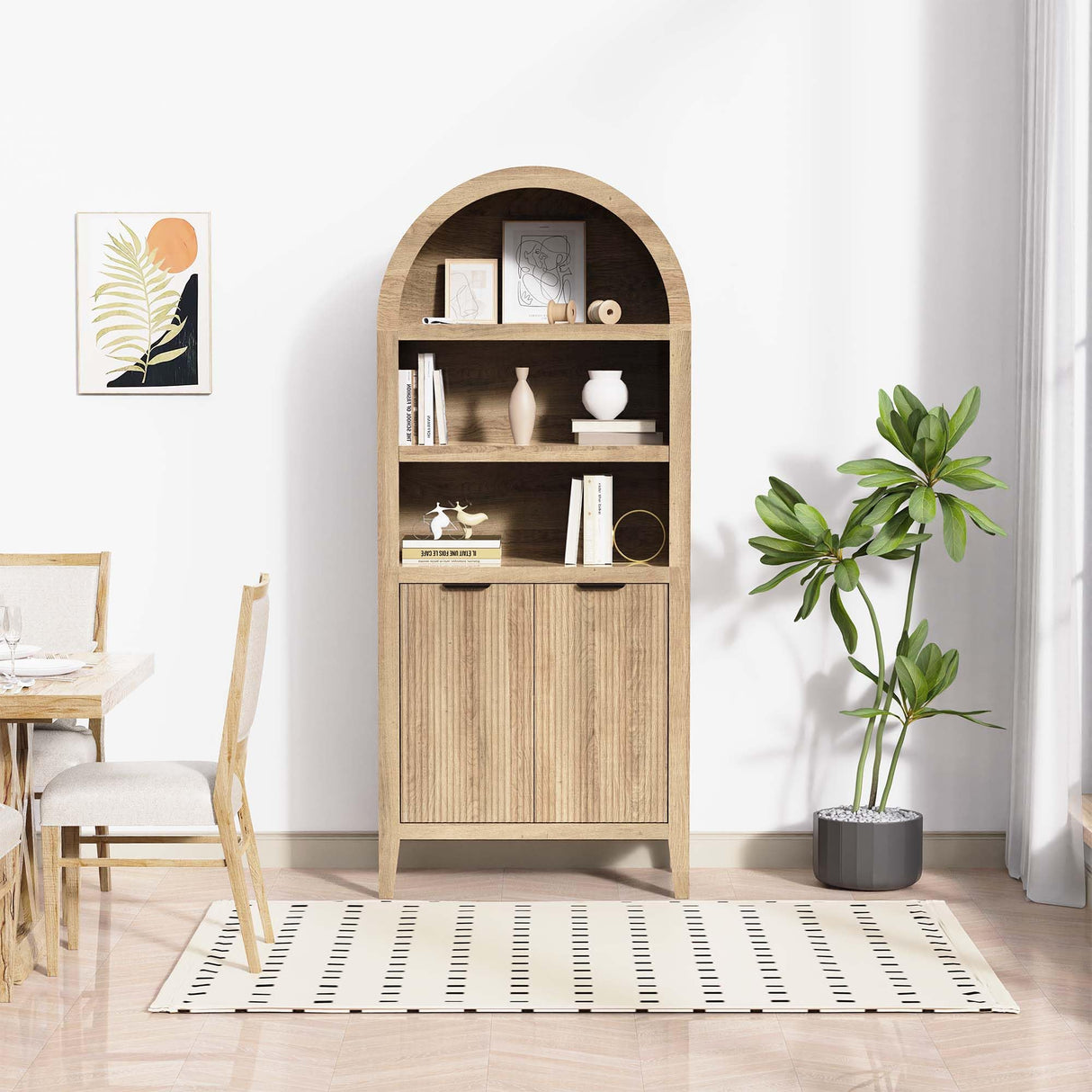 blini Arched Cabinet Bookshelf Arch Bookcase with Doors, Wooden Oak Curved Book Case 5-Tier Tall Round Top Bookshelves for Living Room blini