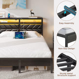 Seventable Bed Frame Queen Size with Charging Station, LED Bed with Upholstered Storage Headboard, Metal Platform Bed with Under Bed Storage, No Box Spring Needed, Noise Free, Easy Assembly, Black Seventable