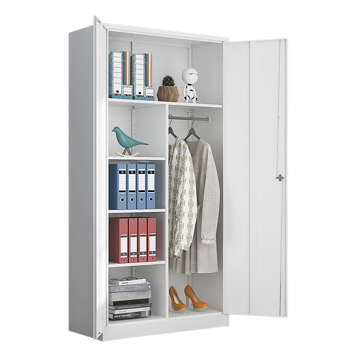 Yizosh Metal Armoire Wardrobe Closet Cabinet for Hanging Clothes with Lock Doors, -72" Steel Lockable Wardrobe Storage Locker Clothes Organizer for Bedroom, Laundry Room (White) Yizosh