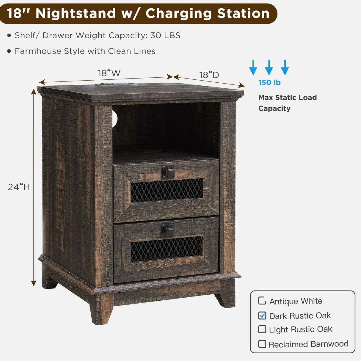 T4TREAM Farmhouse Nightstand with Charging Station, 18'' Wood End Table with 2 Drawers & Metal Mesh Decor, Rustic Side Table Storage Cabinet for Bedroom, Living Room, Dark Rustic Oak T4TREAM