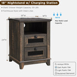 T4TREAM Farmhouse Nightstand with Charging Station, 18'' Wood End Table with 2 Drawers & Metal Mesh Decor, Rustic Side Table Storage Cabinet for Bedroom, Living Room, Dark Rustic Oak T4TREAM
