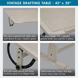 Studio Designs Wood Drawing/Drafting Table with Pencil Ledge - 42" W x 30" D - Whitewash - Tilting Top Adjustable Desk SD STUDIO DESIGNS