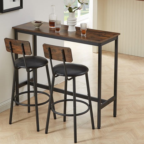VEPXXP Industrial Bar Table and Chairs Set for 2, 3-Piece Rectangular Pub Table with 2 Stools & Backrest, Counter Height Small Kitchen Table with Bar Chairs for Dining Room Small Space, Rustic Brown VEPXXP