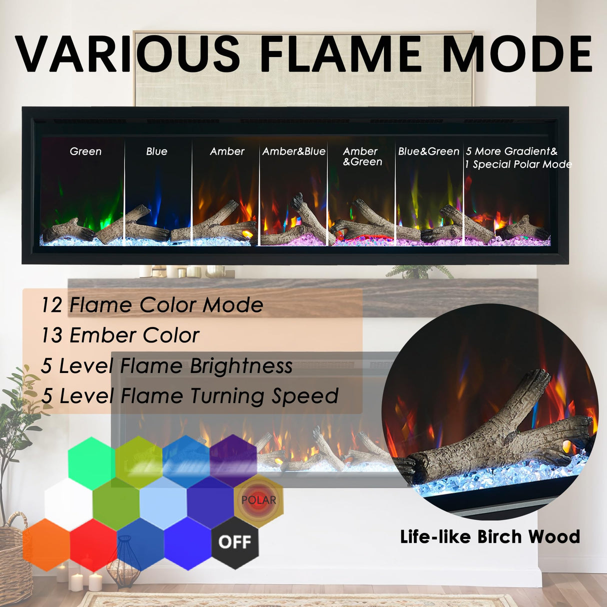 Unineo 72 Inch Electric Fireplace w/Aluminum Frame, Hidden Air Vents Design, Recessed and Wall Mounted Fireplace Heater w/Thermostat, 12×13×5 Realistic Flame, Visual Remote, Log and Crystal, Black Unineo