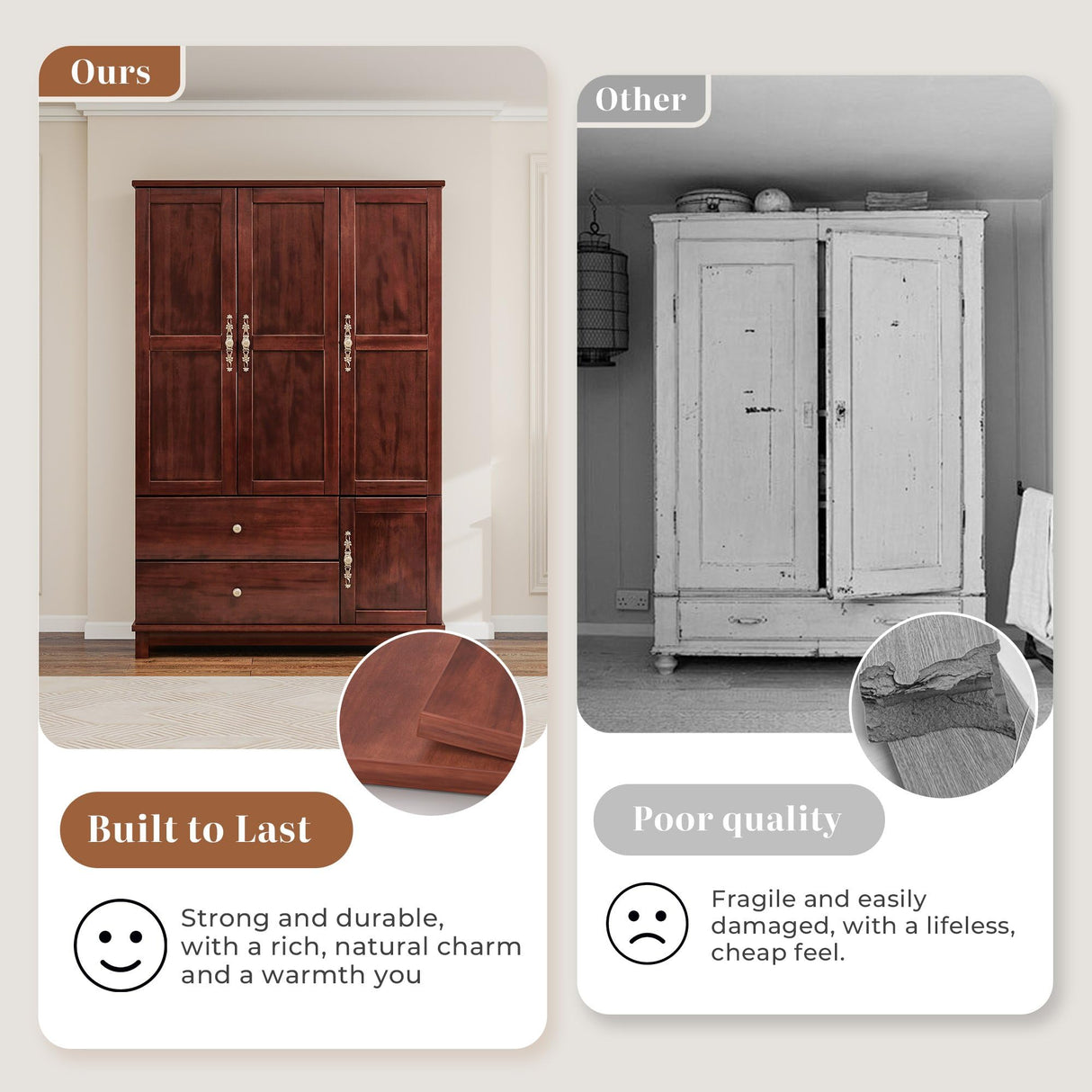 Tafeumob Solid Wood Armoire Wardrobe: 3 Doors Solid Wood Bedroom Armoires with Hangingrod Clothes Organizer Cabinet Storage with 2 Drawers Brown Finish 46.3" L x 19.69" W x 70.87" H Tafeumob