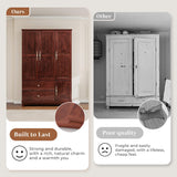 Tafeumob Solid Wood Armoire Wardrobe: 3 Doors Solid Wood Bedroom Armoires with Hangingrod Clothes Organizer Cabinet Storage with 2 Drawers Brown Finish 46.3" L x 19.69" W x 70.87" H Tafeumob