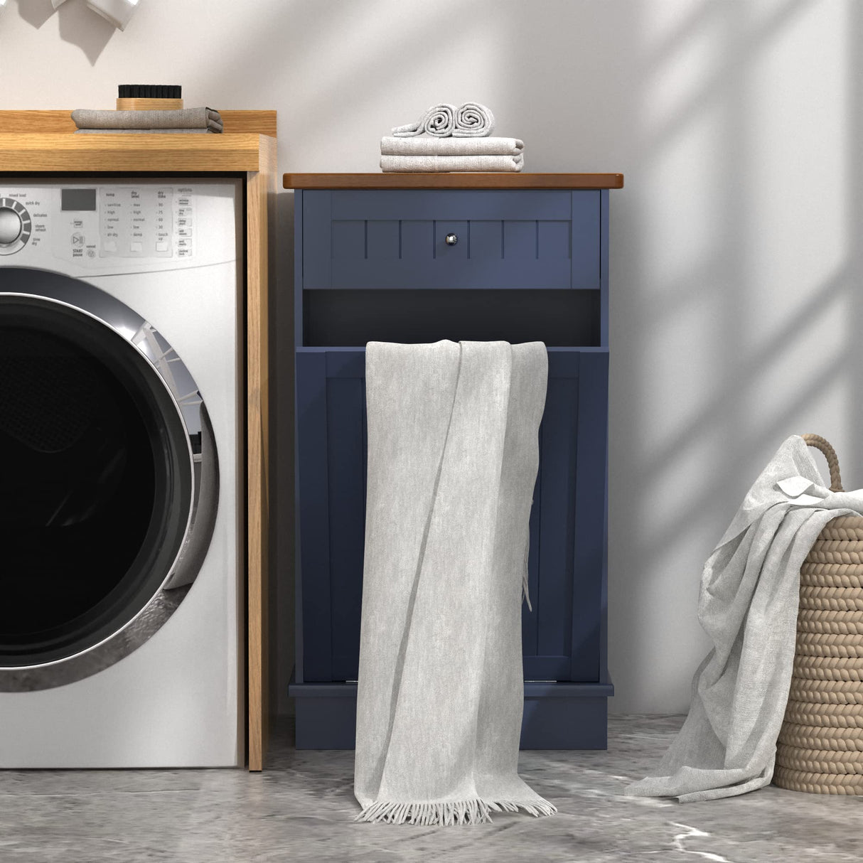 Betterhood Tilt Out Trash Cabinet 10 Gallon Wooden Free Standing Laundry Sorter Cabinet,Recycling Cabinet with Hideaway Drawer,Tilt Out Trash Cabinet Can Bin Kitchen (Blue) Betterhood